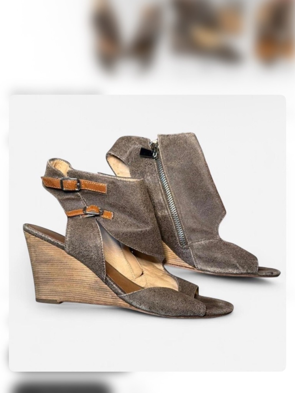 Suede Open-Toe Wedge Sandals with Side Zip - Taupe